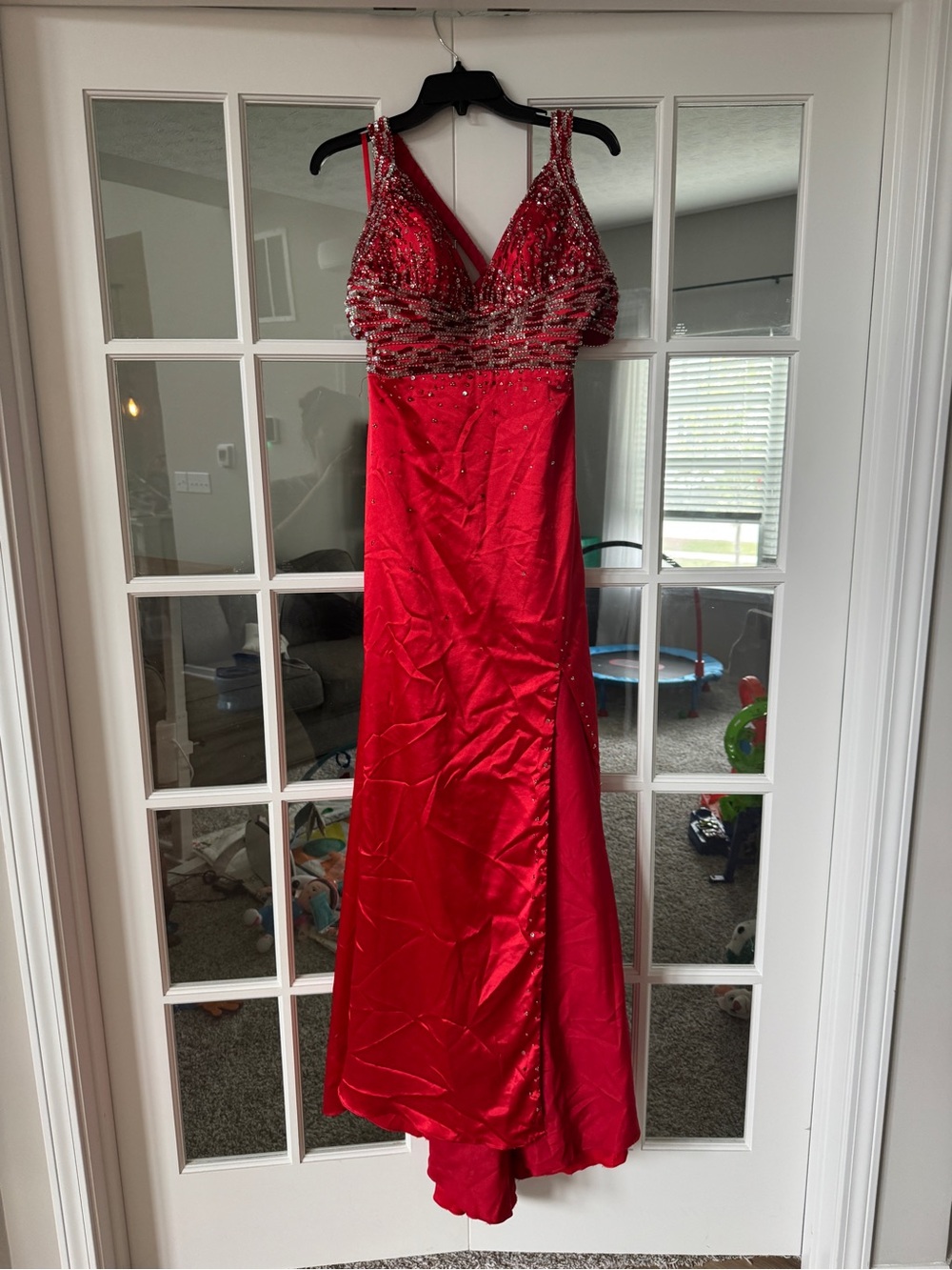 Mori Lee Red Beaded V-Neck Prom Gown